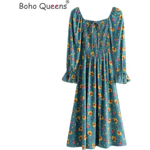 Boho Queens women Floral print off shoulder beach Bohemian maxi dress Ladies long sleeve cotton happie dress vestidos