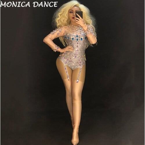 Women Sexy Stage Bodysuit Big Colorful Sparkling Crystals Jumpsuit Nightclub Party Dancer Singer Stage Wear Performance Costumes