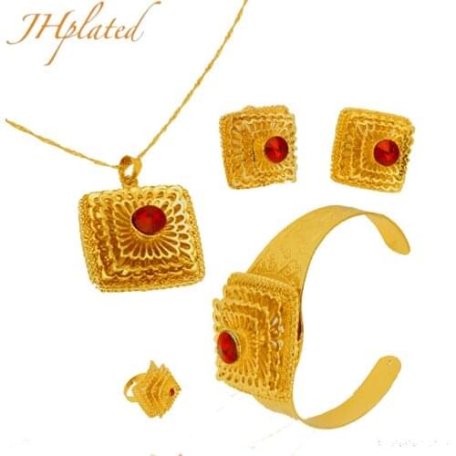 Gold Square Shape Ethiopian Jewelry Sets for Women African Bridal Romantic Zircon Wedding Gift Dubai White Red Stone Earrings