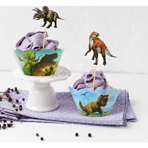 24Pcs/Lot Dinosaur Paper Cake Toppers Cupcake Rims Cake Top Flag DIY Birthday Wedding Baby Shower Party Cake Decor Baking Supply