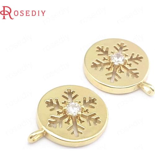40366)6PCS 11.8x15MM 24K Gold Color Brass and Zircon Round Snowflake Charms Pendants Jewelry Making Supplies Diy Accessories
