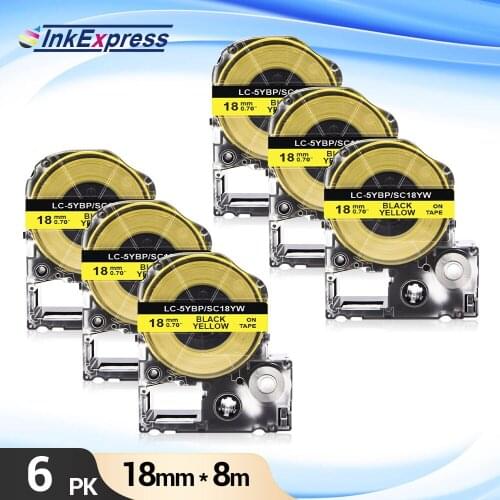 6Pcs SC18YW Tape for SC18YW LK-5YBP Label Tape 18mm Black on Yellow Label Cartridge for Epson King Jim LW-400 LW-700 Label Maker