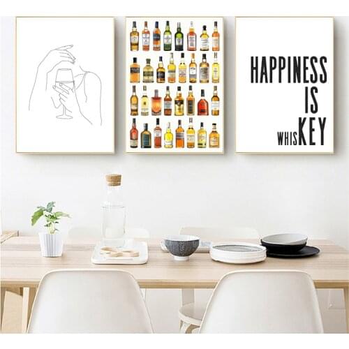 Whiskey Alcohol Quote Prints Funny Bar Decor HAPPINESS IS WHISKEY Drink Sign Poster Canvas Painting Black White Kitchen Wall Art
