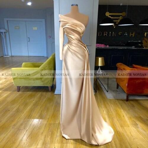 Long Sleeves One Shoulder Champagne Evening Dress 2021 Satin Robe Soiree Femme Vestidos Formales