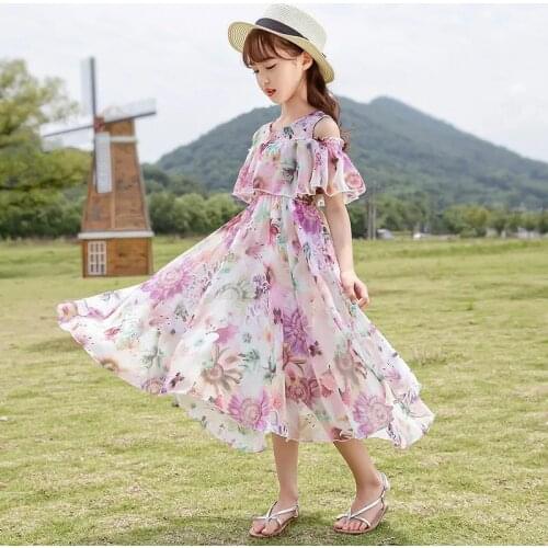Bohemian Summer Girls Dress Kids Girl Beach Dresses Chiffon Kids Dresses Floral Teenage Girls Summer Clothes 6 8 10 12 14 Year
