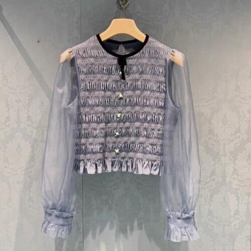 Brand Design 3D Embroidered Pleated Ruffled Blouses Short High-Waist Organza Shirt Slim Blue Women Elegant Korean Top 2021