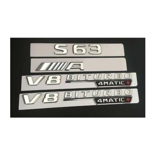 Chrome S63 AMG V8 BITURBO 4MATIC+ Trunk Fender Badges Emblems for Mercedes