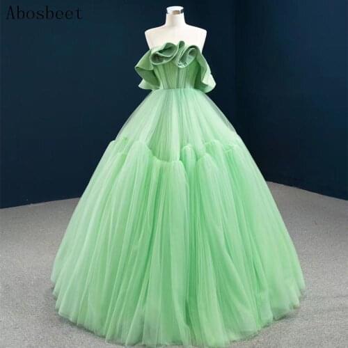 DD JYOY Light Green Ball Gown Evening Dress Simple Style Tulle 2020 Elegant Evening Gown Unique Neck Lace Up Back