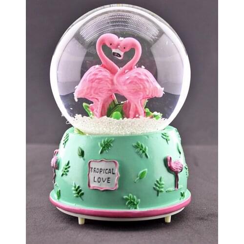 Heart Shaped Flamingos Snow Globe Medium Size Illuminated Music 12cm