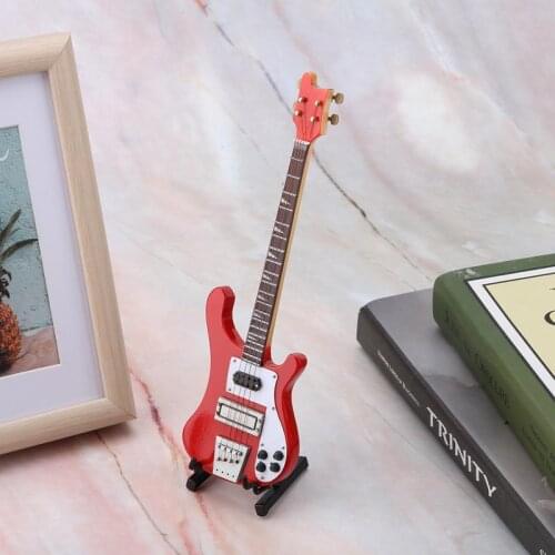Hign Grade Red Miniature Bass Guitar Figurines Replica with Stand and Case Instrument Model Ornaments Christmas Gift Model