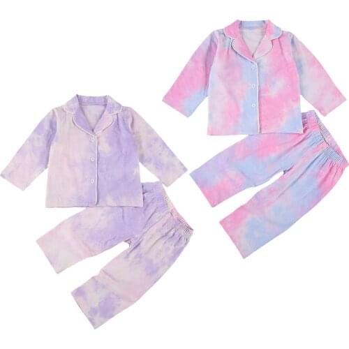 1-6Years Baby Tie-dye Cotton Sleeping Wear Set Toddler Girls Gradient Long Sleeve Lapel Neck Button-up Shirt Elastic Waist Pants