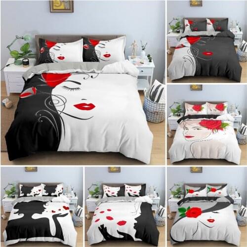 Beautiful Hand-drawn Woman Portrait Duvet Cover Bedding Set For Girls‘s Bedroom Black And White Floral Background Bedclothes
