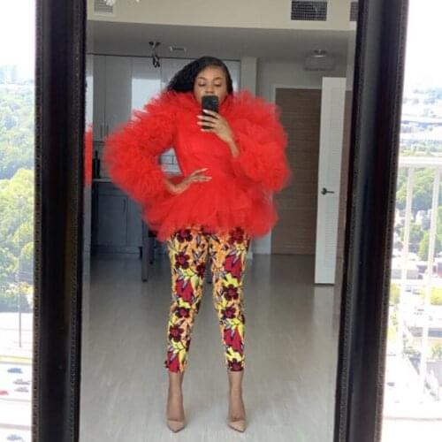 Red Tulle Top Long Sleeve Lush Puffy Tulle Prom Party Wear Special Occasion Gown Robe de soiree