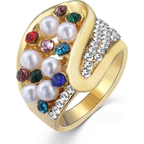 Colorful Zircon Ring Imitation Pearl Gold-plated Geometric Shape Ring Fashion Exaggerate Style Engagement Jewelry For Girlfriend