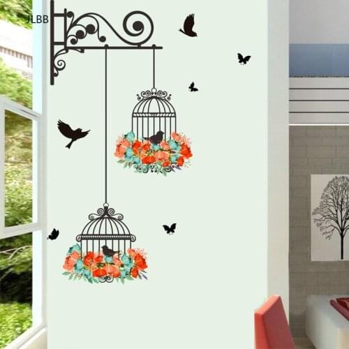 Colorful Flower birdcage flying birds wall sticker Creative home decor living room Decals wallpaper bedroom nursery window decor