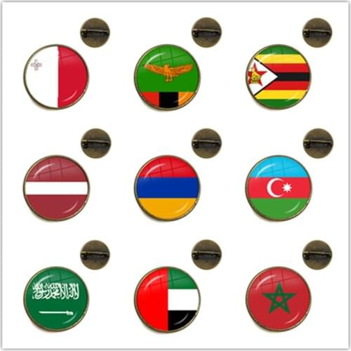 Malta Zambia Zimbabwe Latvia Armenia Azerbaijan Saudi Arabia UAE Morocco National Flag Glass Brooch Collar Pins Jewelry Gift