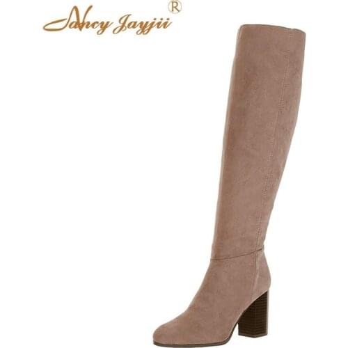 Flock Women Shoes Adult Boots Ladies knee-High Super High Square Heels Solid Round Toe Zipper Leisure Mature 2019 8cm~10cm