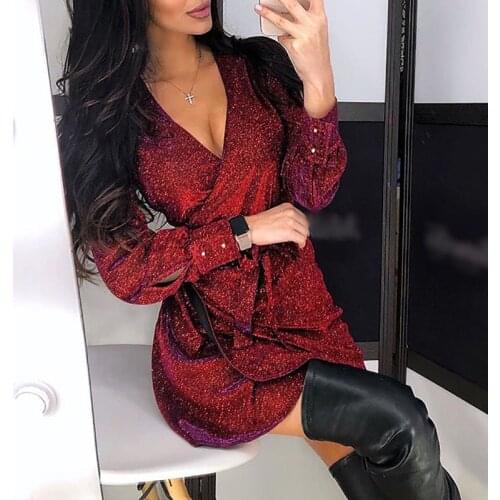 Sexy Glitter Kimono Bandage Mini Dress Women Wrap V-neck Sparkle Night Club Dress Femme Fashion Shining Party Dress Robe