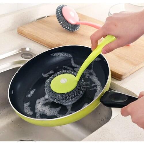Useful long handle Kitchen Pot Cleaning Brush Steel Wire Ball Amaranth Handle Scourer Novelty Home Clean Tools