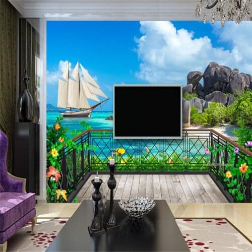 Custom modern photo wallpaper 3d balcony island sailboat view mural wallpaper living room bedroom wallpaper home decor