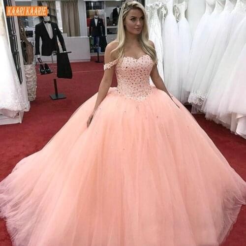 Luxury Boho Pink Wedding Dresses Ball Gown Off Shoulder Tulle Fluffy Bridal Dress Sweetheart Crystal Beaded Church Wedding Gowns