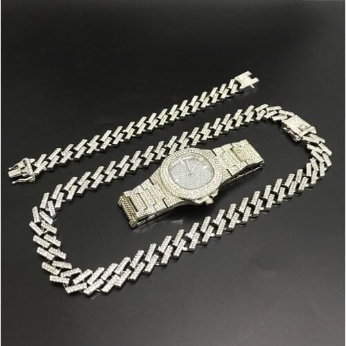 Luxury Men Silver Color Watch & Neckalce & Braclete Combo Set Ice Out Cuban Jewerly Crystal Miami Neckalce Chain Hip Hop For Men