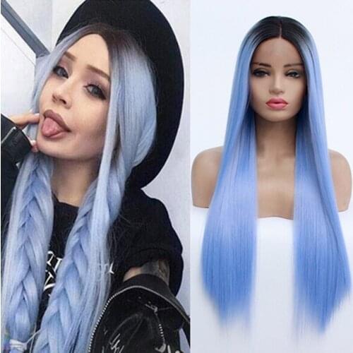Ombre Blue Lace Front Wig Long Silky Straigtht Synthetic Wig For Women Pre-Plucked With Babyhair Heat Resistant Fiber 24inch