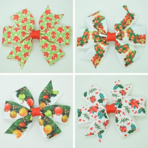 SUPWRF 3.1'' Christmas flowers cute bow Girls Hair Bow With Clip Boutique Printed Ribbon headwear diy wholesale 20 PCS T0929