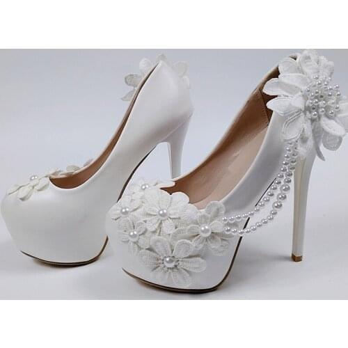 Super High Heel White Flower Wedding shoes Bride Ladies high platform shoes woman Fashion Round Toe Party Dress shoes