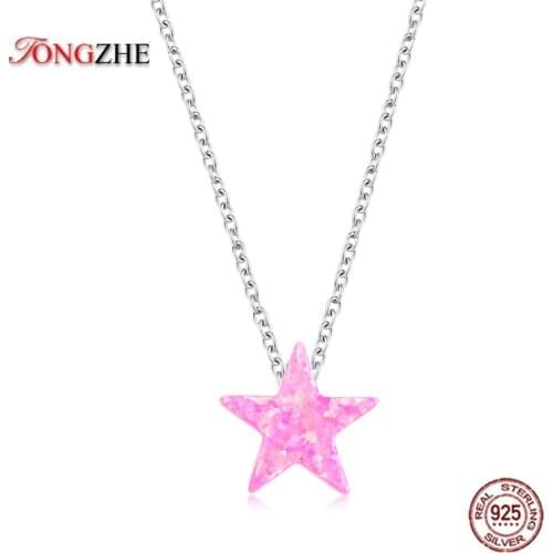 TONGZHE Fashion Long Necklaces Luxury Star Pink Blue Opal Pendant Necklace Woemen 925 Sterling Silver Jewelry