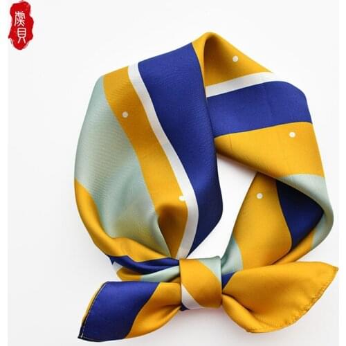 Yellow blue100% real silk twill women scarves printed stripe natural silk hair scarf 65cm headband luxury lady gift shawl spring