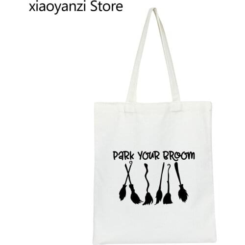 Park Your Broom witch party Print Women Shoulder Canvas Bag Casual Funny Handbag For Lady Girl Eco Reusable Shopping Bags SL-878