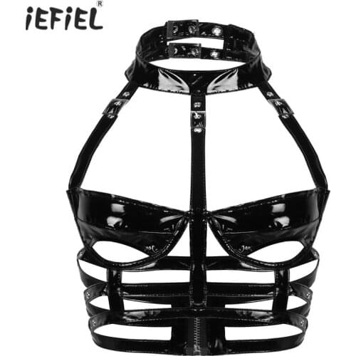 Womens Punk Gothic Leather Lingerie Tops Exotic Tanks Halter Neck Cutout Cups Caged Bra Top Sexy Nightclub Fashion Show Clubwear