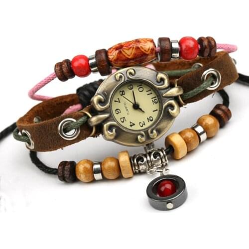 Gnova Vintage Quartz Watch Women Wrap Wooden Beads Crystal Pendant Synthetic Leather Bracelet Wristwatch student School A321