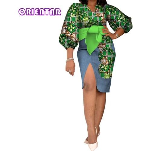 4XL Size In Stock Summer Women African Dress with Waist Belt Women Bazin Riche Dashiki Ankara Dresses Puff Sleeve WY3384-XH
