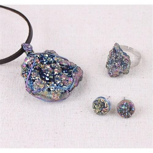 1 Set Plating Natural Agates Crystal Stone Necklace Pendant Earring Rings Set Jewelry Anniversary Gift For Lover