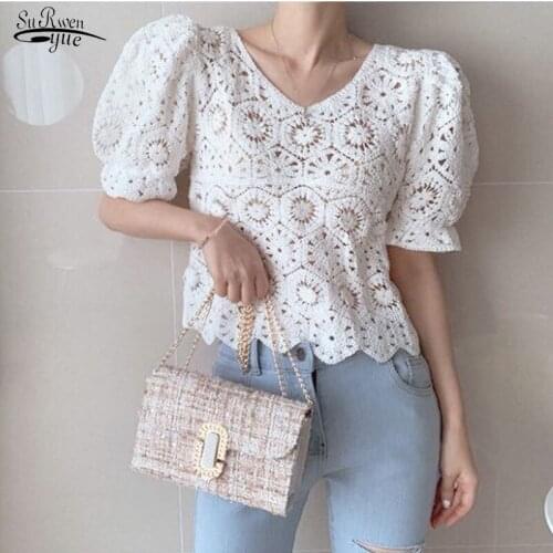 2021 New Streetwear Summer Tops Women Floral Puff Sleeve Shirt Female Hollow Out White Pullover Lace Blouse Women Blusas 9684