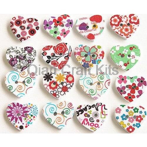 250pcs big 26mm Mixed Painted floral Flower 2 Holes Heart Eco-friendly Wood Sewing Button Scrapbooking D15