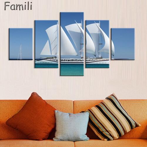5pcs Landscape Canvas Wall Art Sailing Boat Fancy and Peaceful Sunset Sea Seascape Canvas Prints Interior Room Home Decor