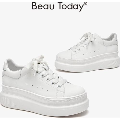 BeauToday White Sneakers Platform Women Cow Leather Cross-tied Lace Casual Lady Chunky Sole Flat Shoes Handmade 29142