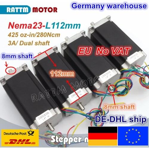 【DE Ship】 free VAT 4 pcs NEMA23 425Oz-in 2.8N.m 112mm Length Dual shaft stepper motor stepping motor/3A for CNC Router Engraving