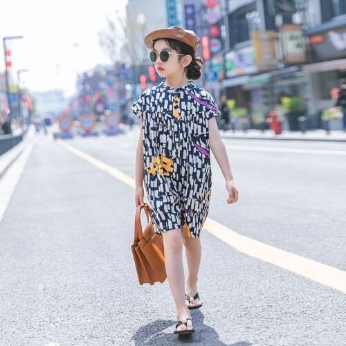 Kids Girls Summer Fashion Print Cotton Jumpsuit 8 10 years Short-sleeve Casual Capris