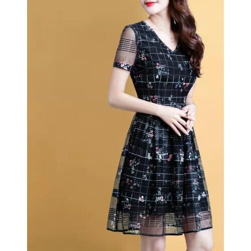 Elegant Plaid Mesh Dress Fashion Sexy New Ladies Summer High-end Temperament Versatile Slim Cocktail Dresses 9050