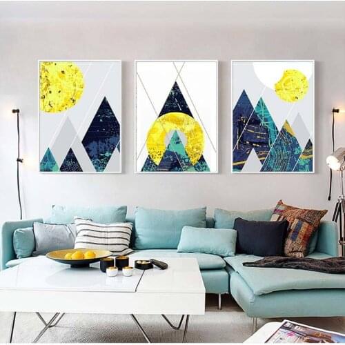Geometric Line Abstract Mountain Blue Canvas Paintings Nordic Poster Print Wall Art Pictures for Living Room Home Office Décor
