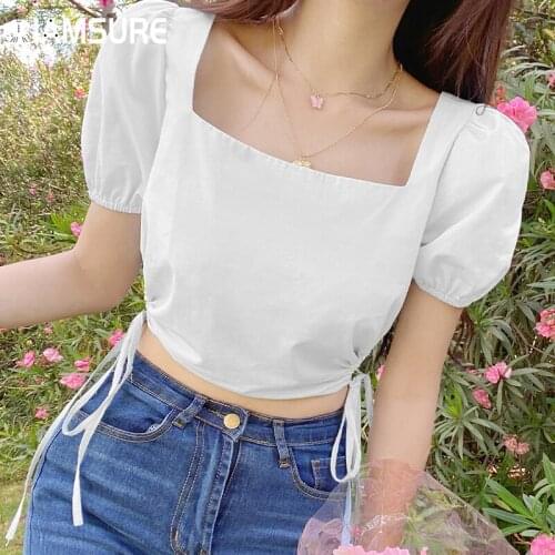IAMSURE Hollow Out Drawstring T Shirt Women Vintage Casual Short Puff Sleeve Square Collar Crop Top 2021 Fashion Streetwear 90S