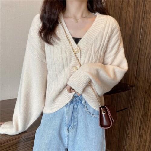 Autumn Winter Fashion Button Twist Knit Cardigan 2021 V-Neck Long Sleeve Single Breasted Loose Sweater Causal Womens Clothing