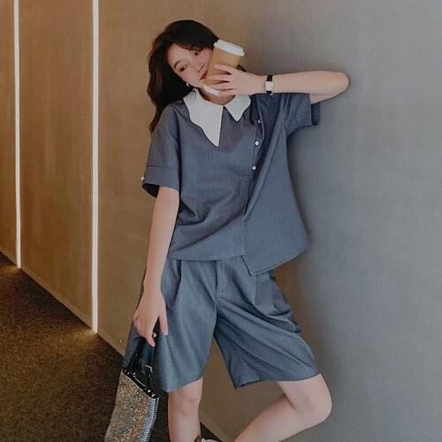 Korean Summer Thin Fashion Suit Jacket + Shorts Suits 2021 Lazy Casual Tide Doll Collar Shirt Blazer Two Piece Set zh766