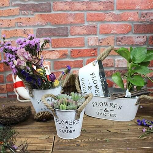 Small Metal Buckets Planters Flower Decorative Vases With Rope Handles