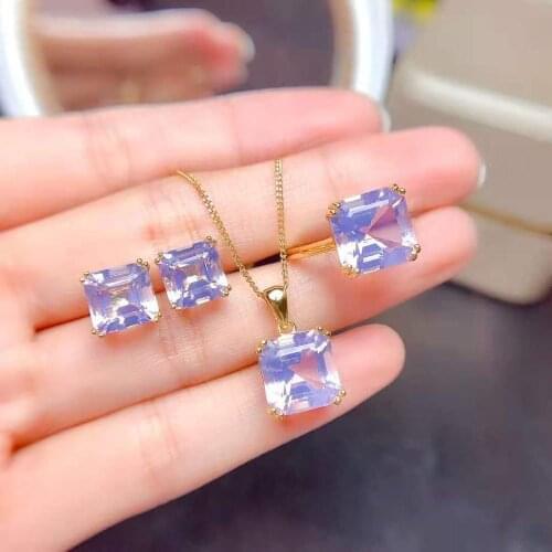 Natural Lavender Amethyst Pendant Necklace Ring Earrings Set S925 Sterling Silver Fine Fashion Wedding Jewelry for Women MeibaPJ