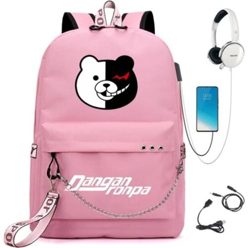 New Anime Danganronpa Chain Backpack For Women USB Charge Canvas Student Backpack For Teenagers Boys Girls School Bag